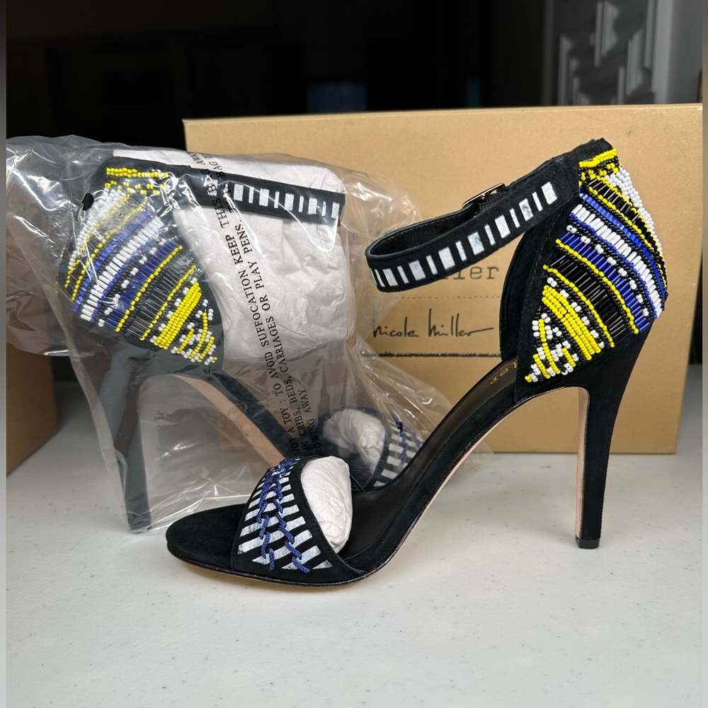 NEW Nicole Miller Black Leather Beaded Heels